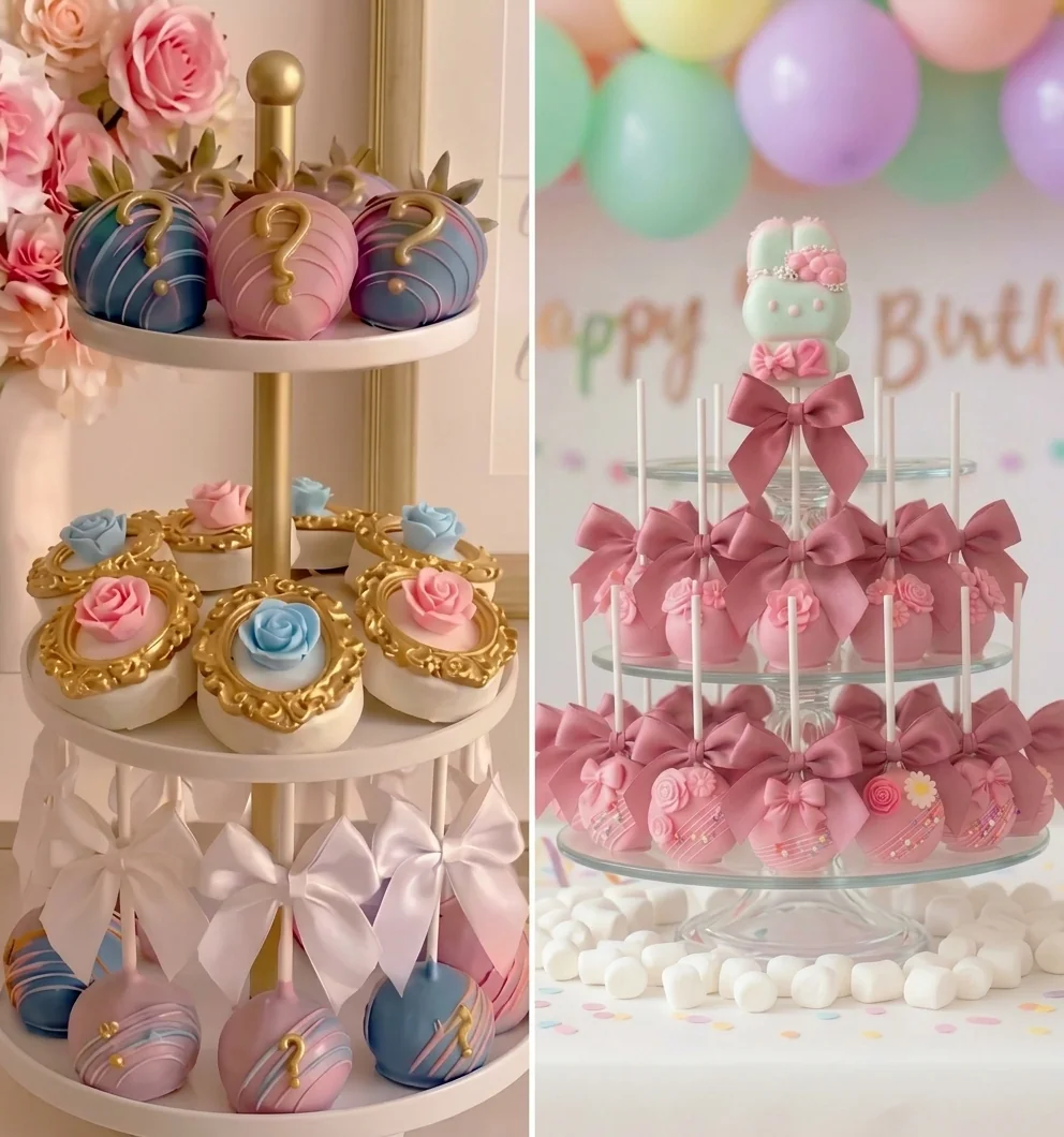 An elegant dessert table styled for a wedding or baby shower celebration