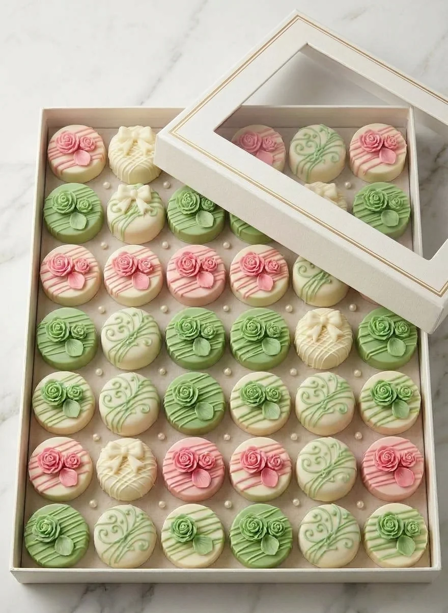 Chocolate covered Oreos and marshmallows styled as a gift treat selection